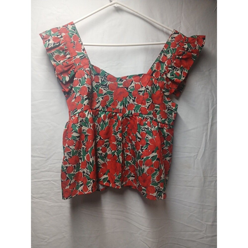 Shein Floral Print Square Neck Top Medium Red Flowers  And Green Leaves Size L